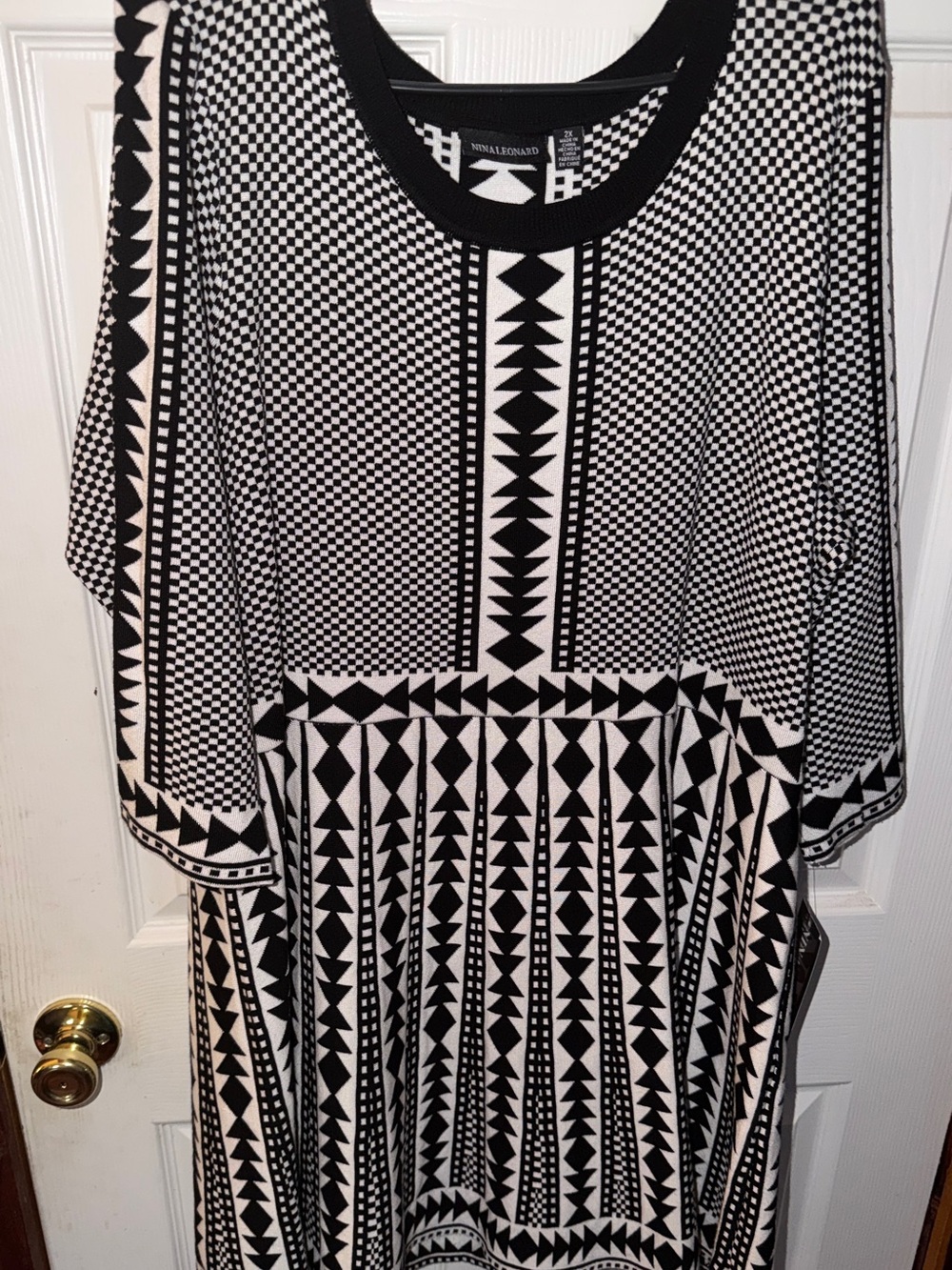 NWT Nina Leonard Geometric Jacquard Knit Sweater Dress 2X White Black